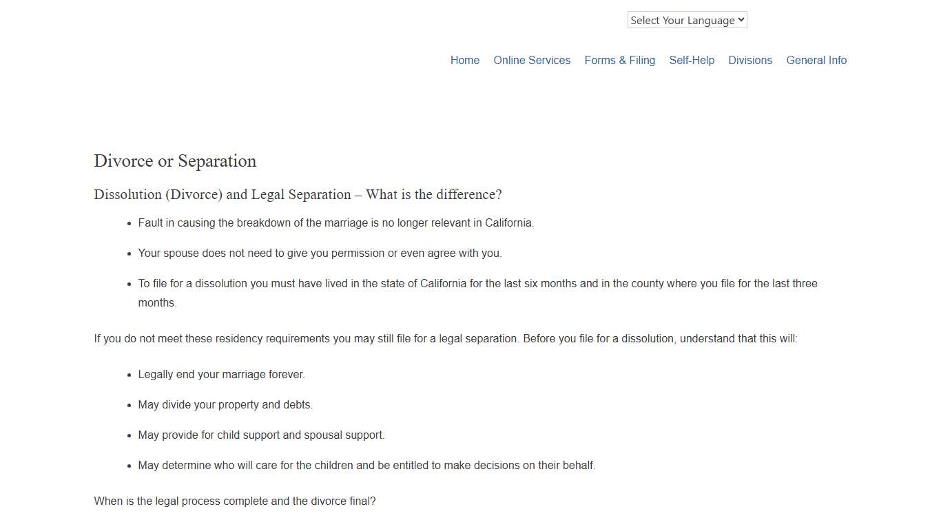 Divorce or Separation – Superior Court of CA – County of San Joaquin